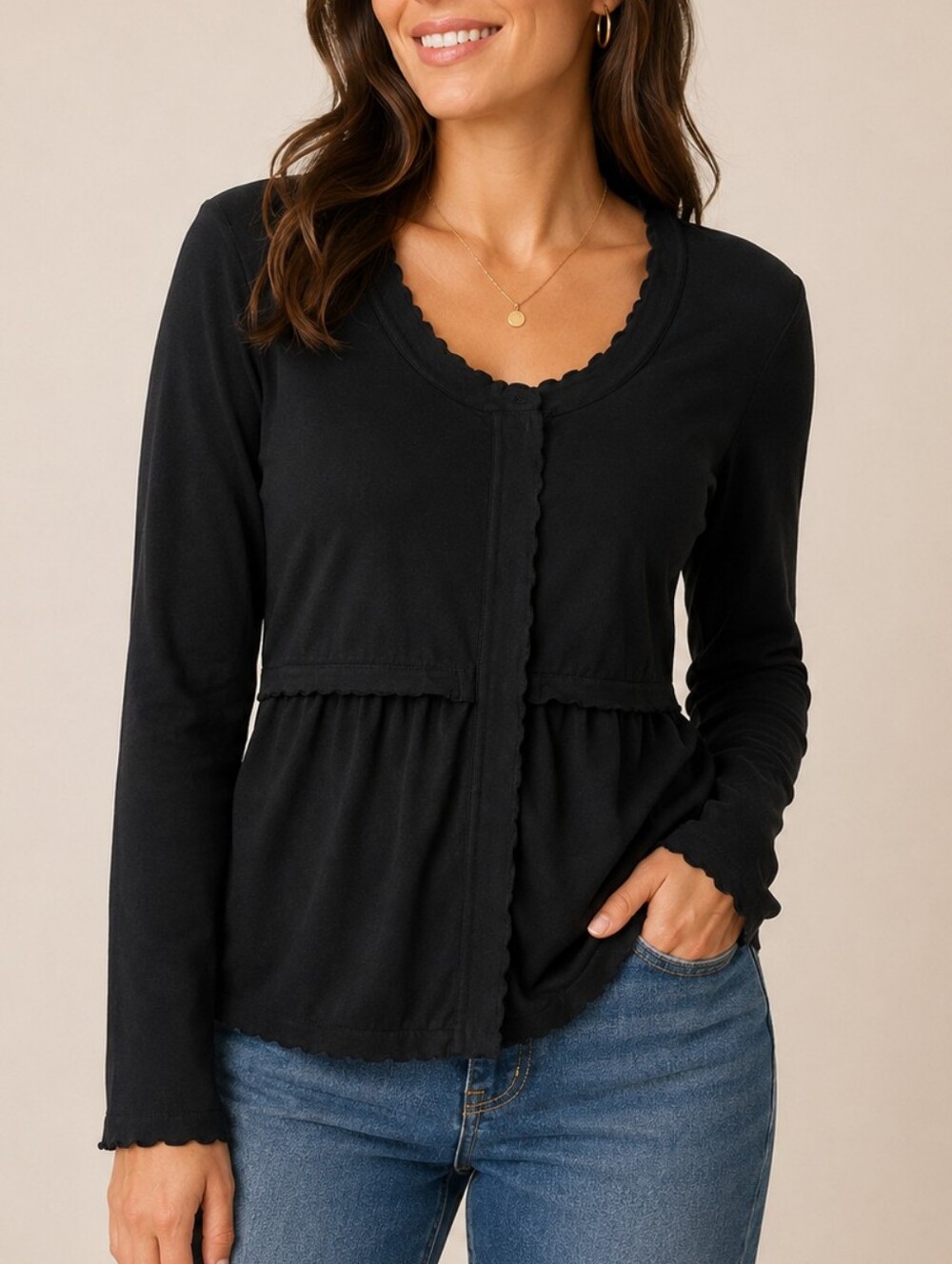 CAbi Cardigan Sweater Black Women Size L Scalloped Snap Front Peplum Whimsygoth